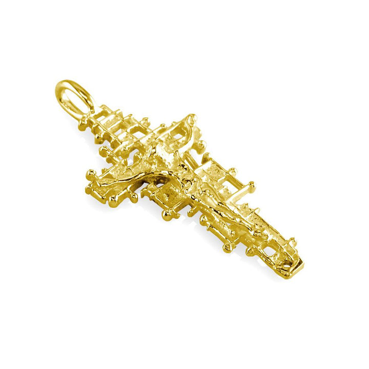 Crucifix Charm with Detailed Nails Mesh Cross, 40mm in 14K Yellow Gold