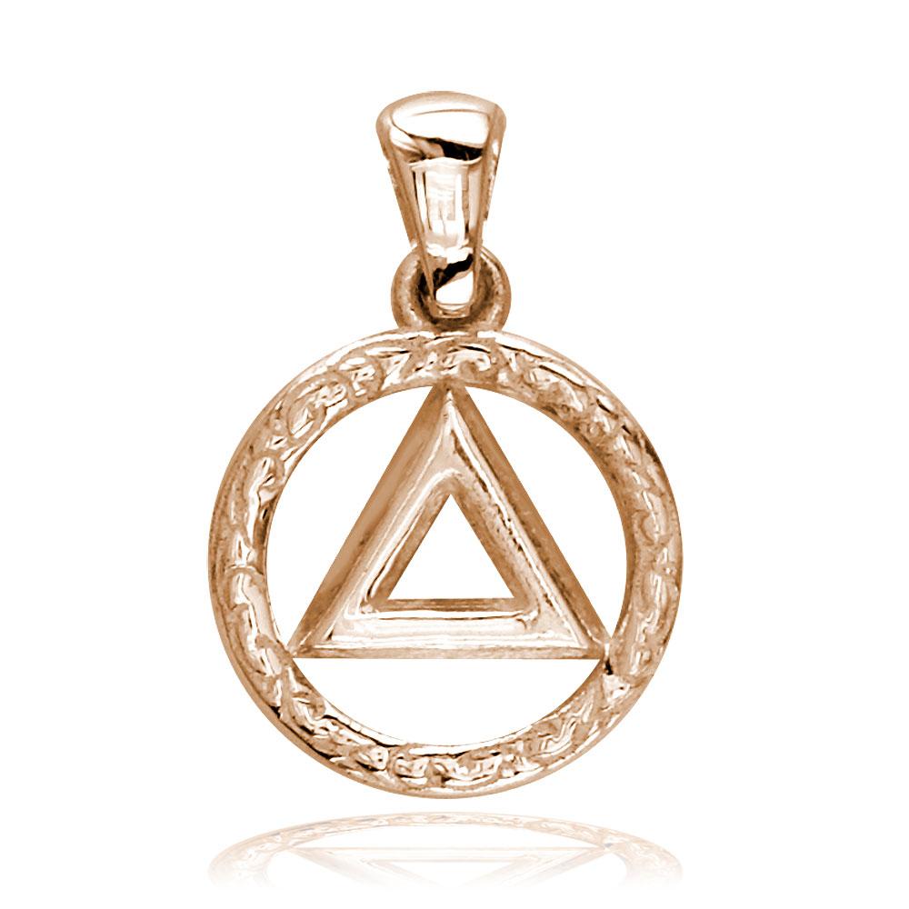 Small AA Alcoholics Anonymous Sobriety Charm with Tribal Designs in 18K Pink, Rose Gold