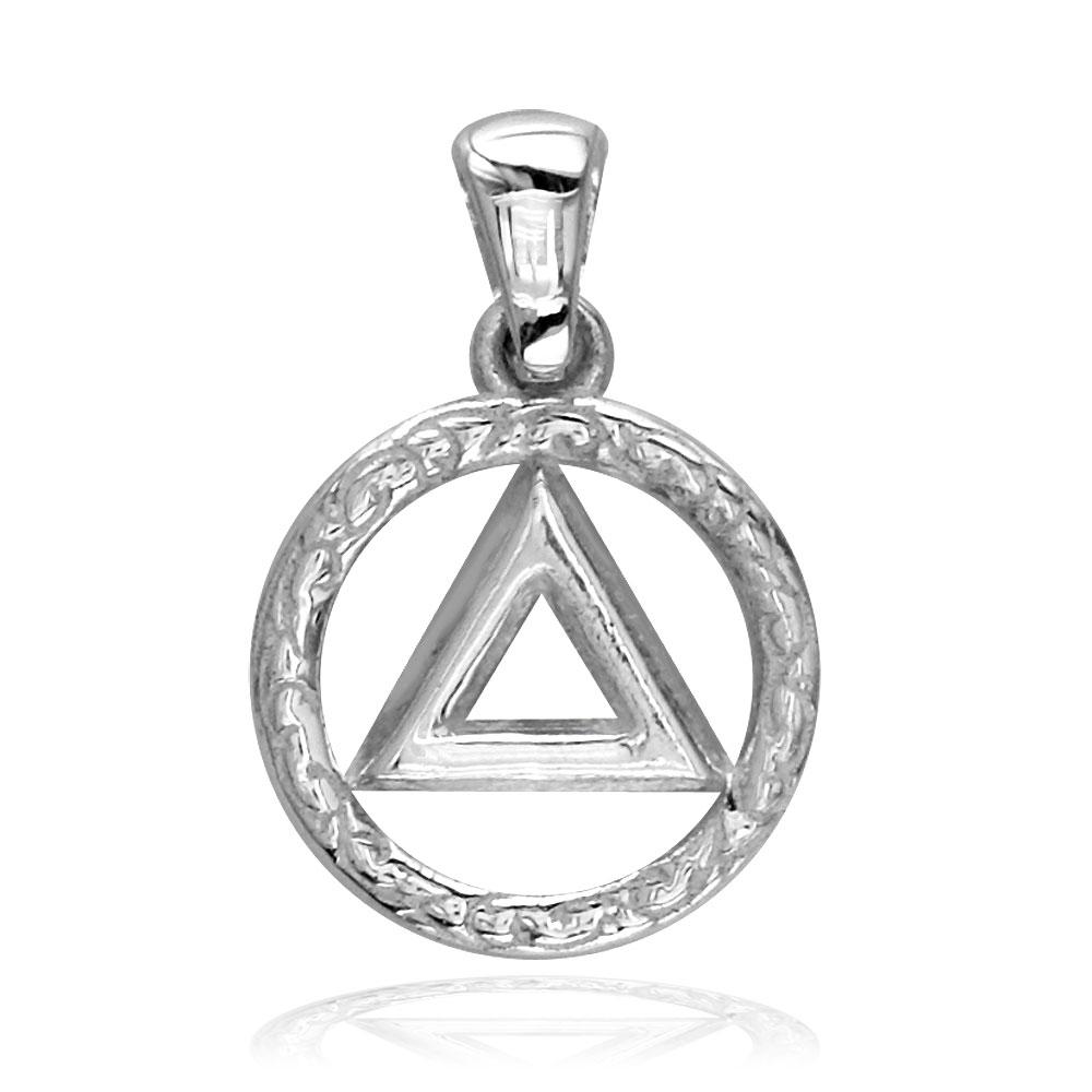 Small AA Alcoholics Anonymous Sobriety Charm with Tribal Designs in 14K White Gold