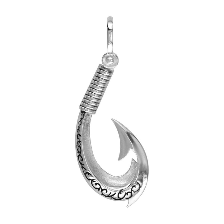 Medium Hei Matau, Maori Tribal Fish Hook Charm with Black in Sterling Silver