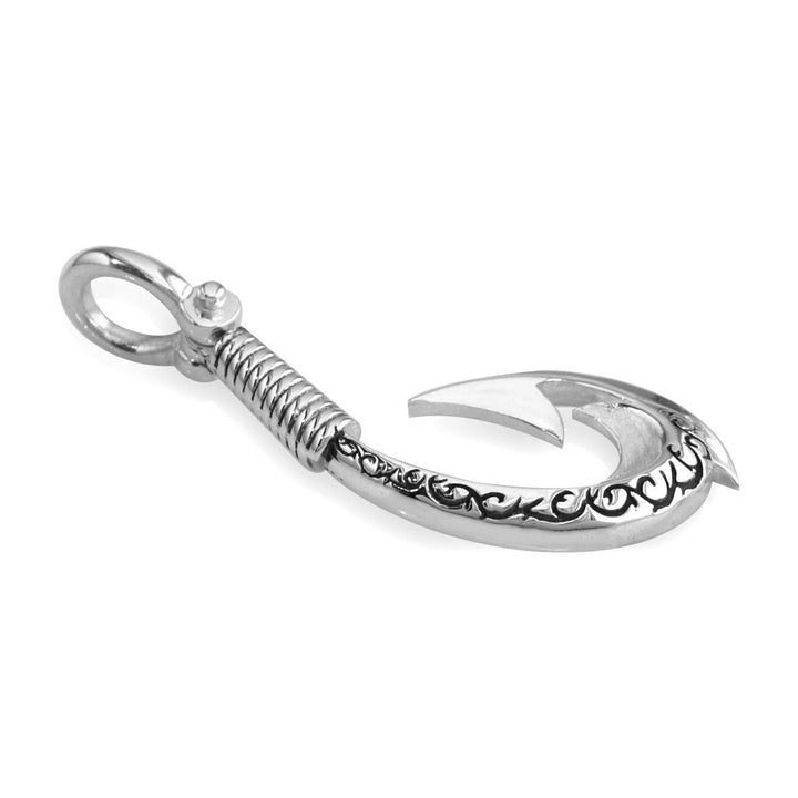 Medium Hei Matau, Maori Tribal Fish Hook Charm with Black in Sterling Silver