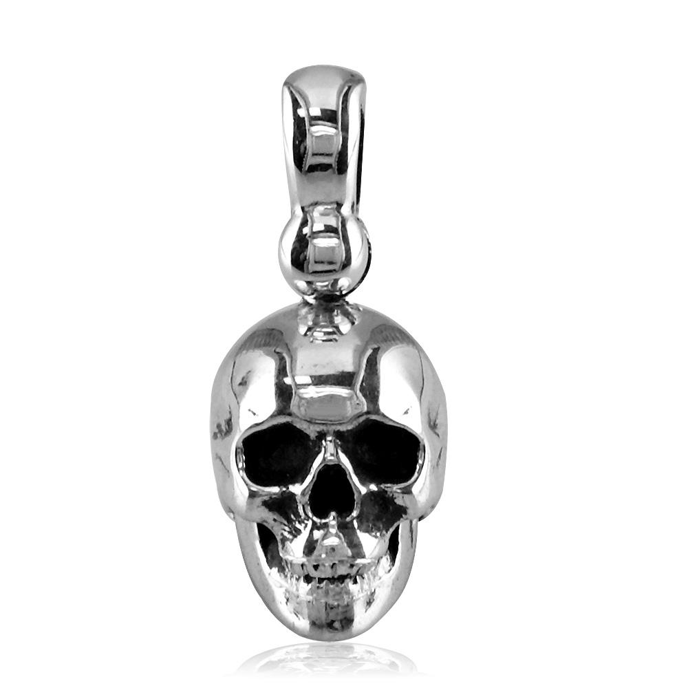 Small Solid 3D Skull Charm with Black in 18K White Gold