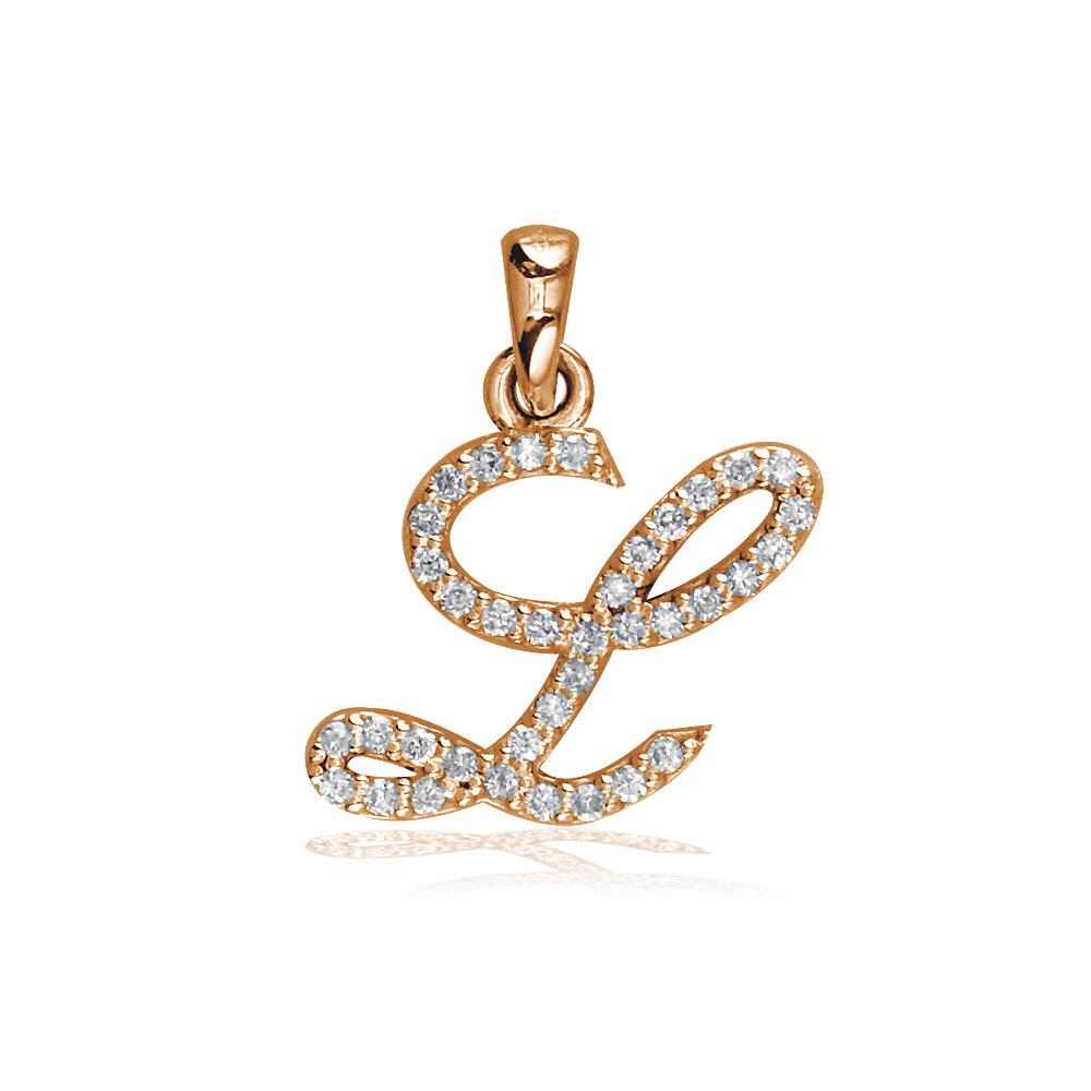 Small Diamond Script L Initial Charm, 0.18CT in 14K Pink, Rose Gold