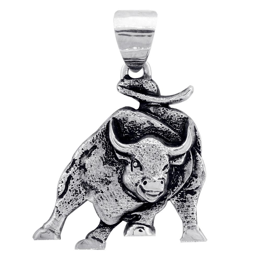 Wall Street Charging Bull Pendant Charm with Black in 14K White Gold