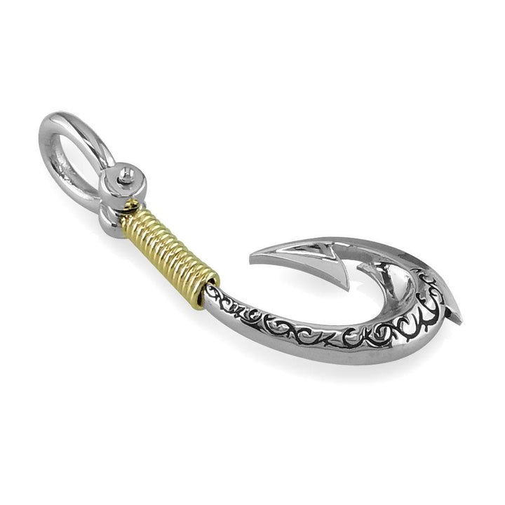 Large Hei Matau, Maori Tribal Fish Hook Charm with Black in Sterling Silver and 14k Yellow Gold