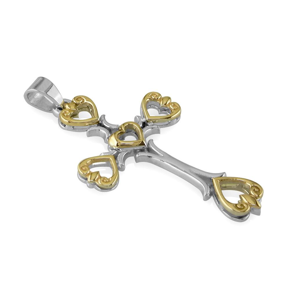 Large Hearts Cross Pendant in 14K White and Yellow Gold