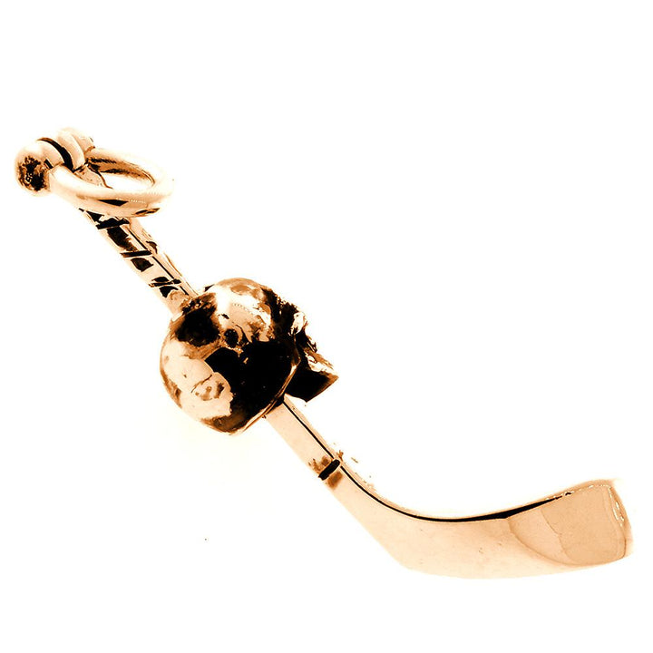 Extra Large Hockey Stick and Skull Charm with Black in 14K Pink, Rose Gold