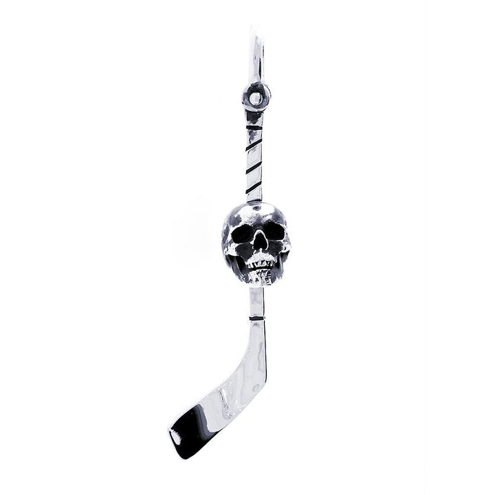 Extra Large Hockey Stick and Skull Charm with Black in 14K White Gold