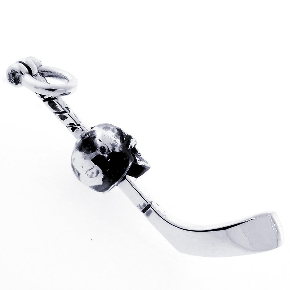 Extra Large Hockey Stick and Skull Charm with Black in Sterling Silver
