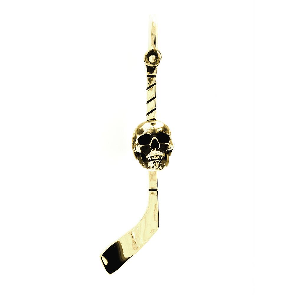 Extra Large Hockey Stick and Skull Charm with Black in 14K Yellow Gold