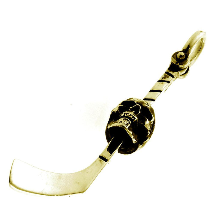 Extra Large Hockey Stick and Skull Charm with Black in 14K Yellow Gold