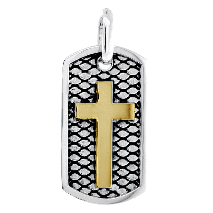 36mm Hardcore Metal Snake Skin Cross Pendant Dog Tag in 14K Yellow Gold and Sterling Silver