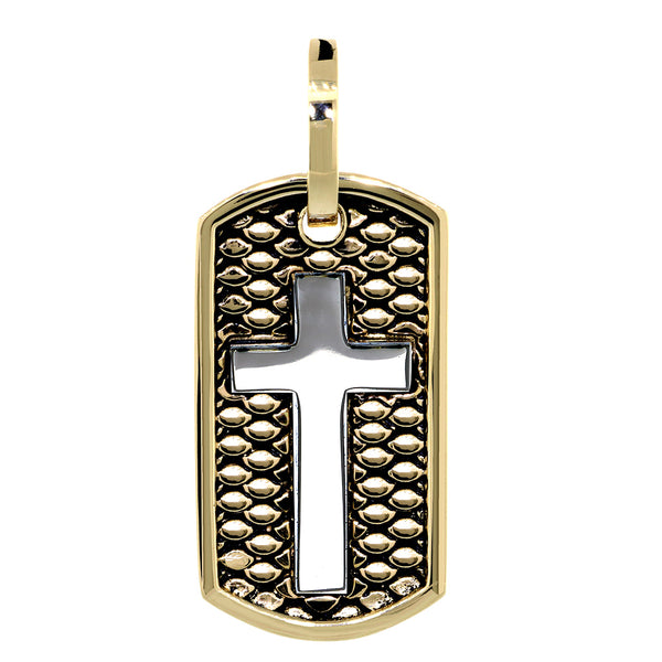 36mm Hardcore Metal Snake Skin Cross Pendant Dog Tag in 14K Yellow and White Gold