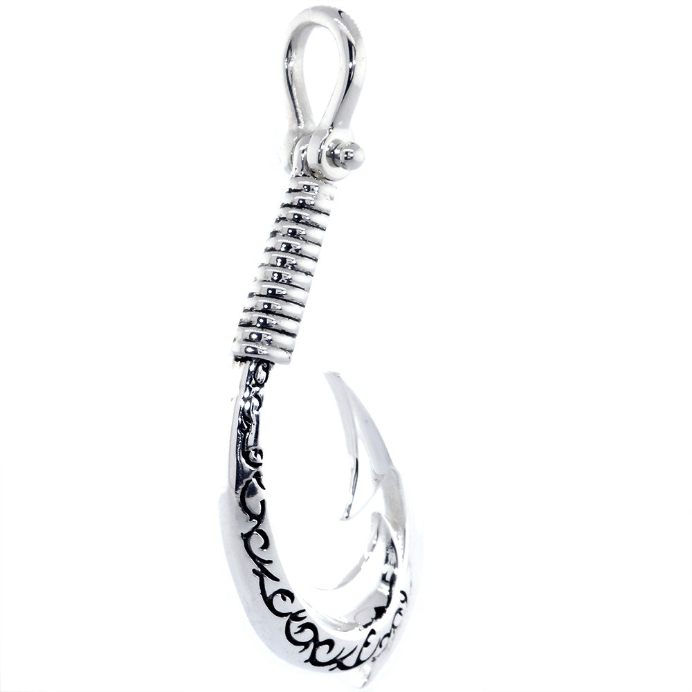 2.25 Inch Hei Matau, Maori Tribal Fish Hook Charm with Black in Sterling Silver