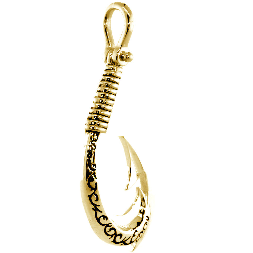 2.25 Inch Hei Matau, Maori Tribal Fish Hook Charm with Black in 14k Yellow Gold