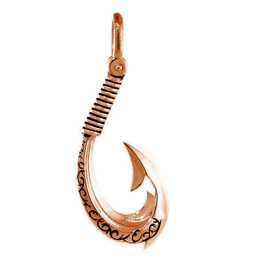 Extra Large Hei Matau, Maori Tribal Fish Hook Charm with Black, 2 Inches in 14k Pink, Rose Gold