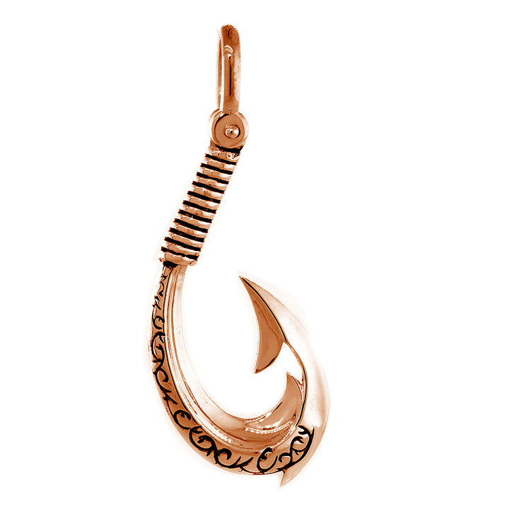 Extra Large Hei Matau, Maori Tribal Fish Hook Charm with Black, 2 Inches in 14k Pink, Rose Gold