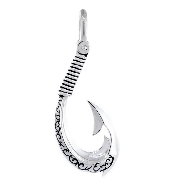 Extra Large Hei Matau, Maori Tribal Fish Hook Charm with Black, 2 Inches in 14k White Gold