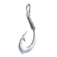 Extra Large Hei Matau, Maori Tribal Fish Hook Charm with Black, 2 Inches in Sterling Silver