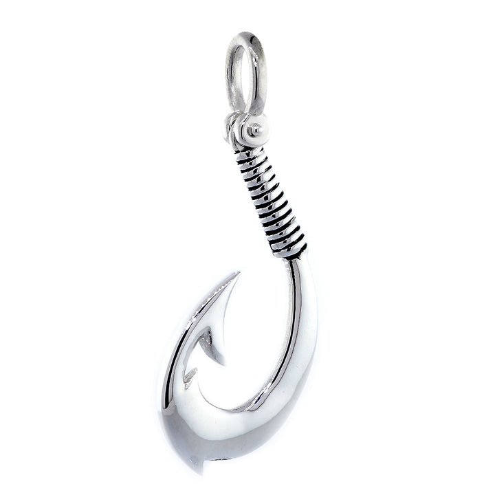 Extra Large Hei Matau, Maori Tribal Fish Hook Charm with Black, 2 Inches in 14k White Gold