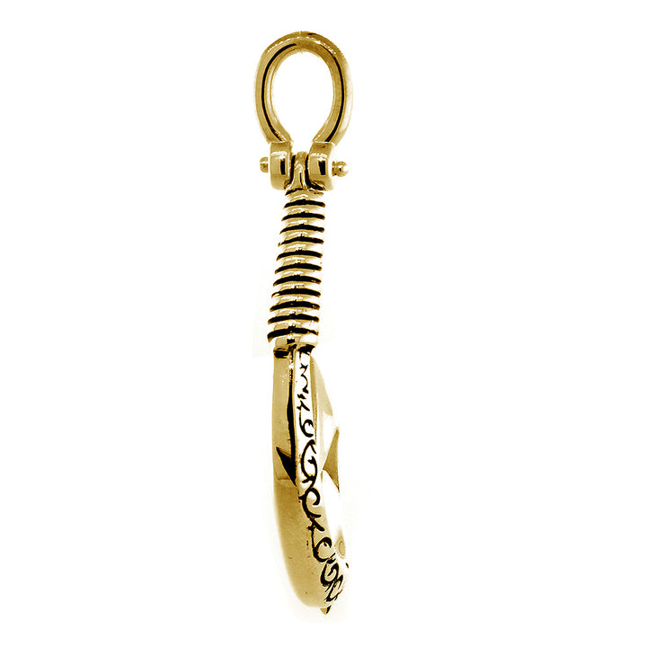 Extra Large Hei Matau, Maori Tribal Fish Hook Charm with Black, 2 Inches in 14k Yellow Gold