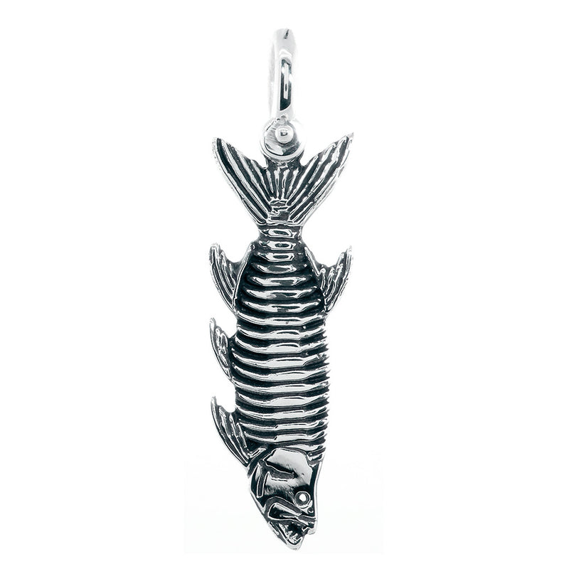 Hanging Fish Skeleton Charm with Black, 1.5 Inch Size by Manny Puig in Sterling Silver