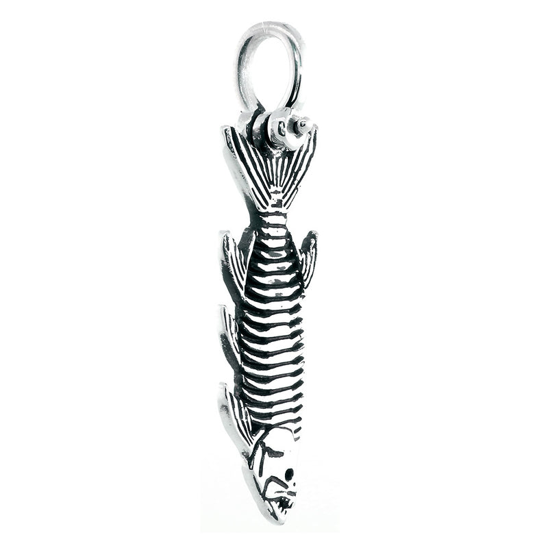 Hanging Fish Skeleton Charm with Black, 1.5 Inch Size by Manny Puig in 14k White Gold