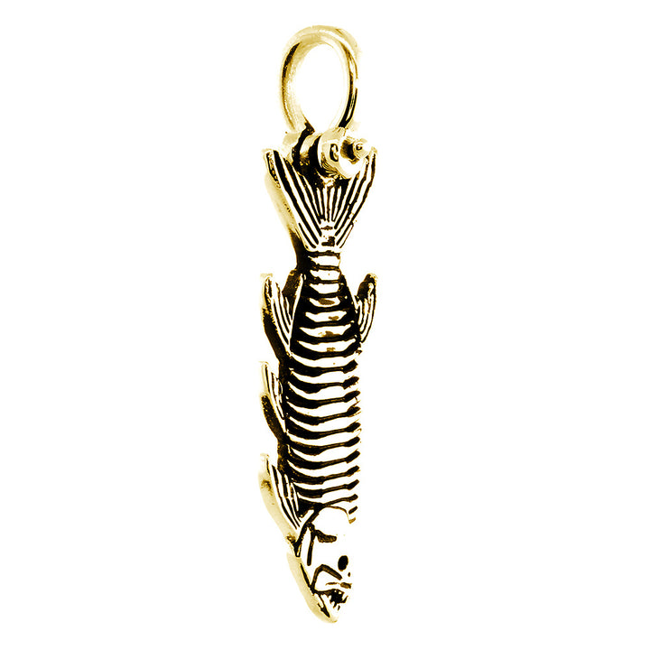 Hanging Fish Skeleton Charm with Black, 1.5 Inch Size by Manny Puig in 14k Yellow Gold
