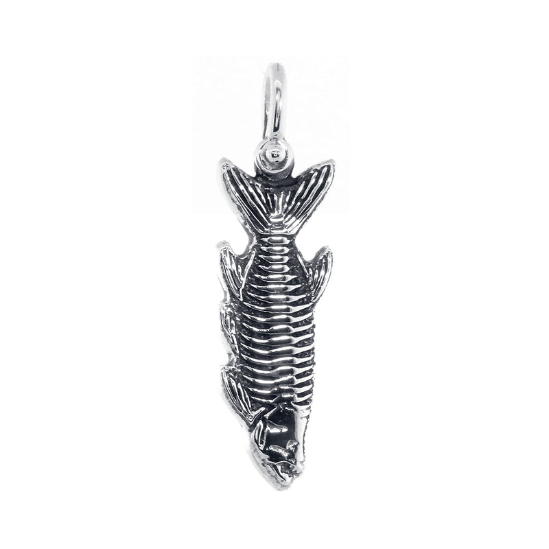 Hanging Fish Skeleton Charm with Black, 1 Inch Size by Manny Puig in 14k White Gold