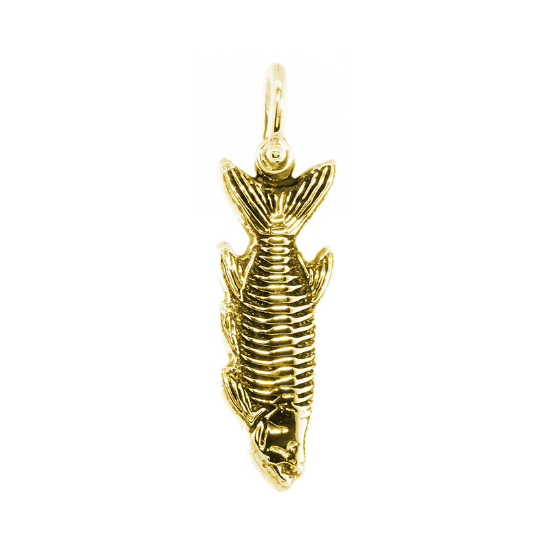 Hanging Fish Skeleton Charm with Black, 1 Inch Size by Manny Puig in 14k Yellow Gold