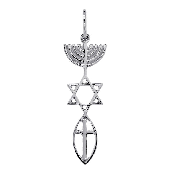 Medium Size Messianic Seal Jewelry Charm with Large Cross in 14k White Gold