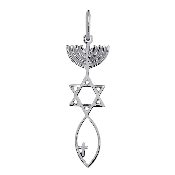Medium Size Messianic Seal Jewelry Charm with Small Cross in 14k White Gold