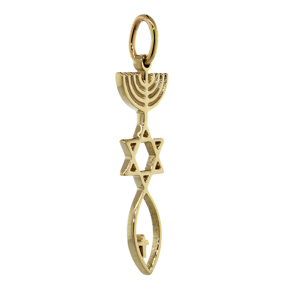 Medium Size Messianic Seal Jewelry Charm with Small Cross in 14k Yellow Gold