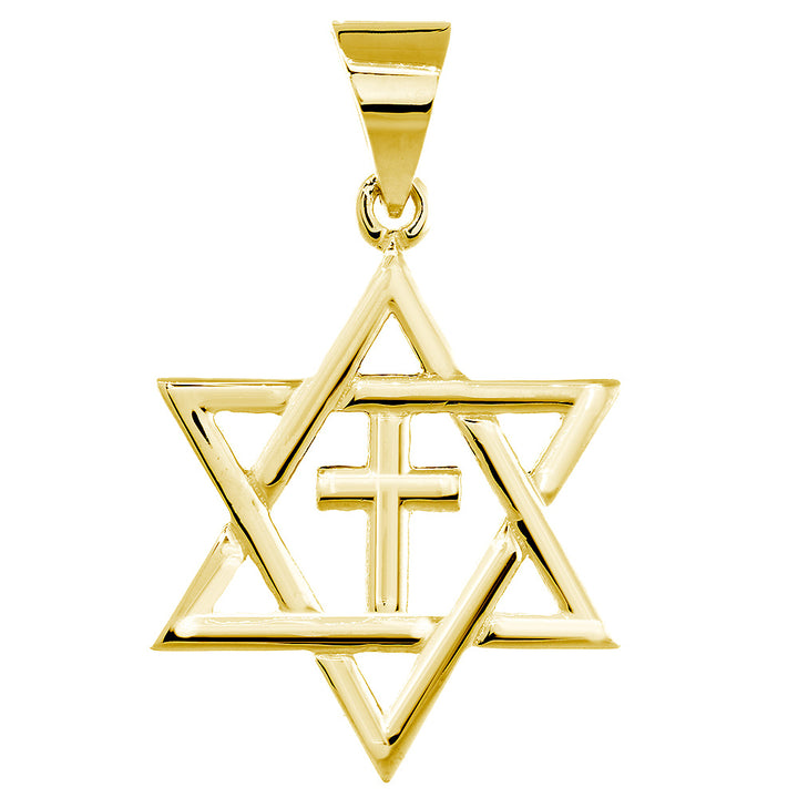 Large Messianic Star of David with Cross Charm in 14k Yellow Gold