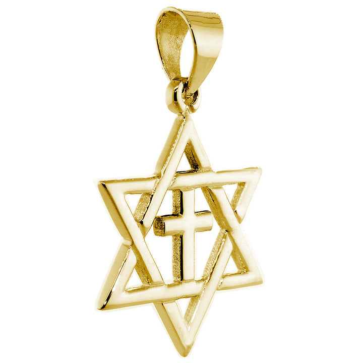 Large Messianic Star of David with Cross Charm in 14k Yellow Gold