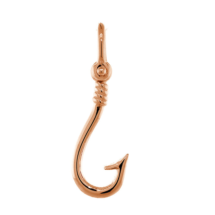 20mm Fishermans Barbed Hook and Knot Fishing Charm in 14k Pink, Rose Gold