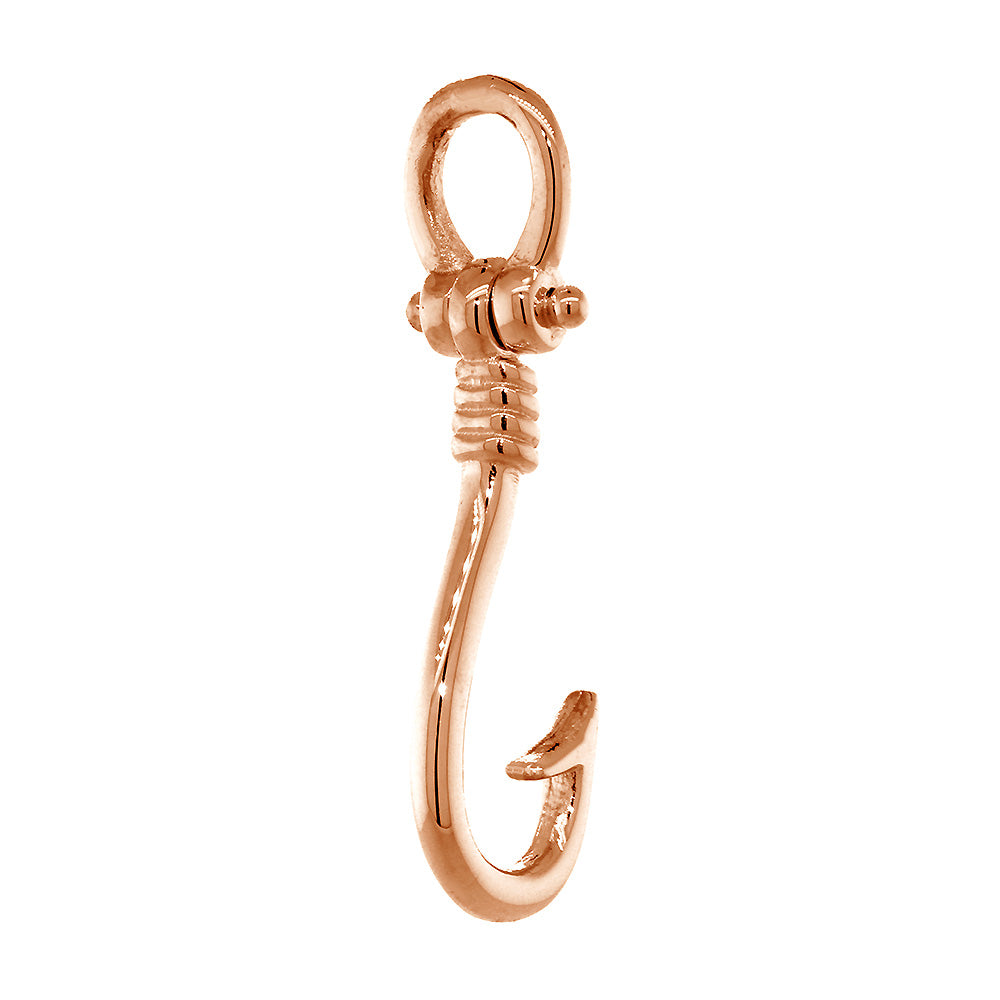 20mm Fishermans Barbed Hook and Knot Fishing Charm in 14k Pink, Rose Gold