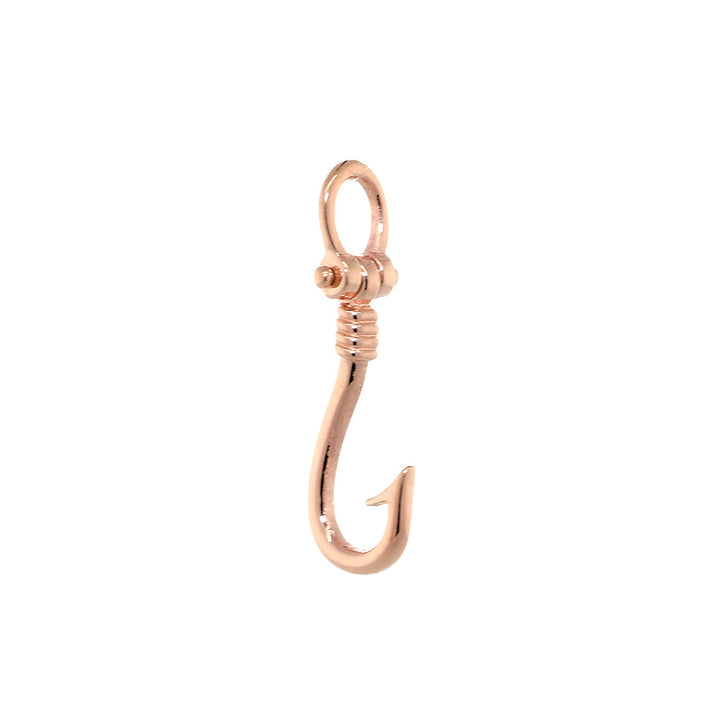 16mm Fishermans Barbed Hook and Knot Fishing Charm in 14k Pink, Rose Gold