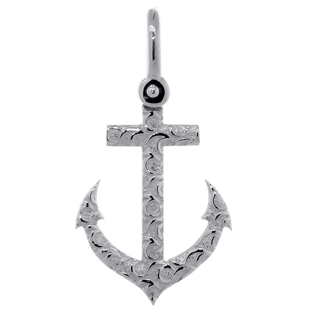 31mm Anchor Charm with Wave Pattern in 14k White Gold