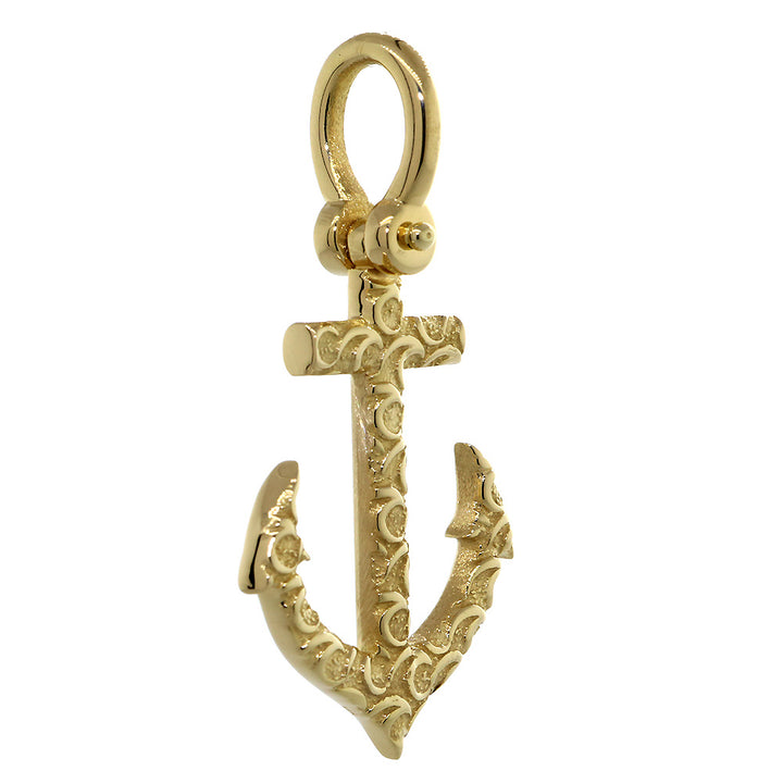 31mm Anchor Charm with Wave Pattern in 14k Yellow Gold