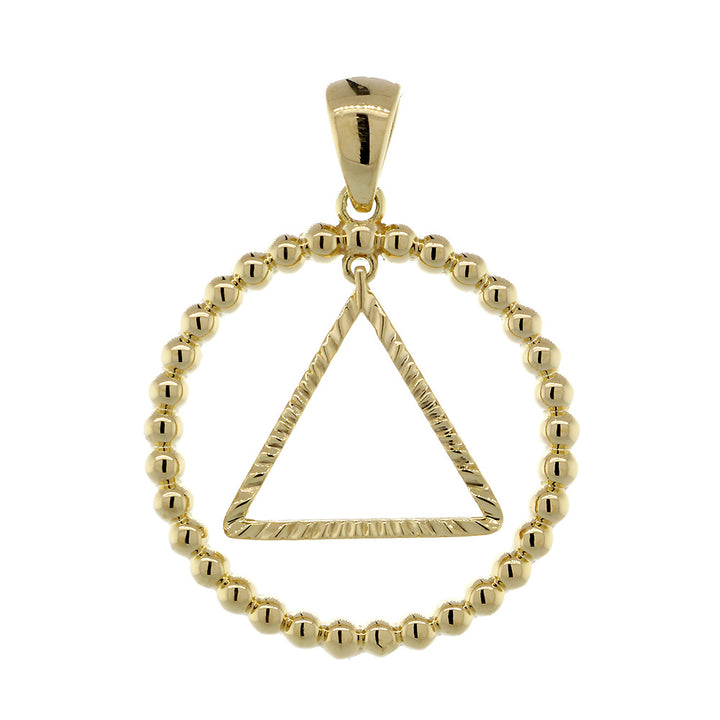 25mm AA Sobriety Charm Beaded Circle and Diamond Cut Movable Triangle in 14k Yellow Gold