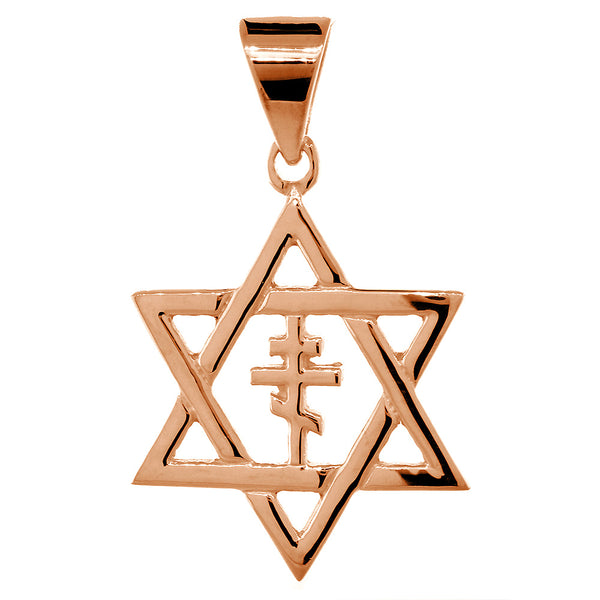28mm Messianic Jewish Star of David and Russian Orthodox Cross Charm in 14k Pink, Rose Gold