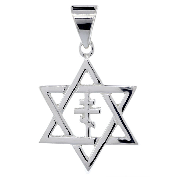28mm Messianic Jewish Star of David and Russian Orthodox Cross Charm in 14k White Gold