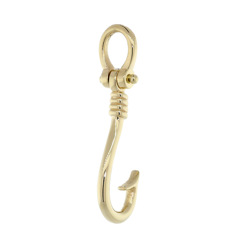 24mm Fishermans Barbed Hook and Knot Fishing Charm in 14k Yellow Gold