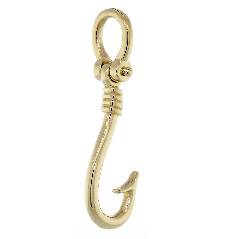31mm Fishermans Barbed Hook and Knot Fishing Charm in 14k Yellow Gold