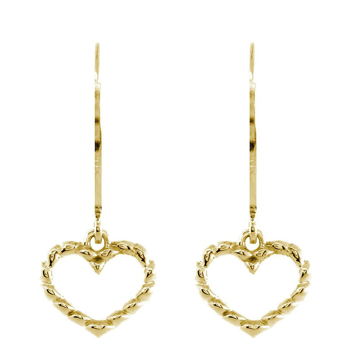 Dangling Open Heart Rope Earrings in 14K Yellow Gold