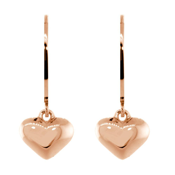 Dangling Puffed Heart Charm Earrings in 14K Pink, Rose Gold