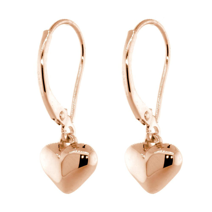 Dangling Puffed Heart Charm Earrings in 14K Pink, Rose Gold