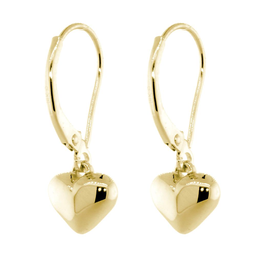 Dangling Puffed Heart Charm Earrings in 14K Yellow Gold