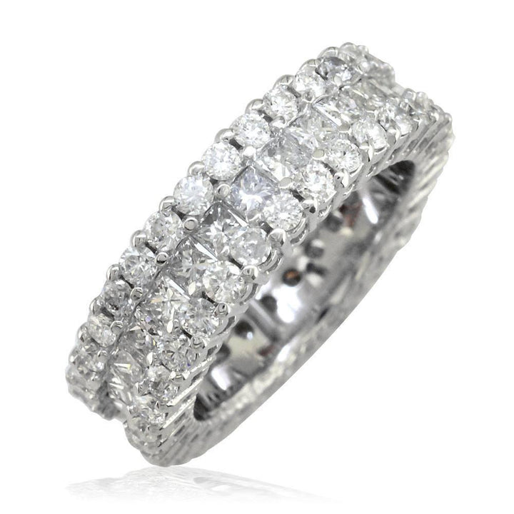 3 Row Round and Princess Cut Diamond Eternity Ring, 3.40CT in 18K White Gold